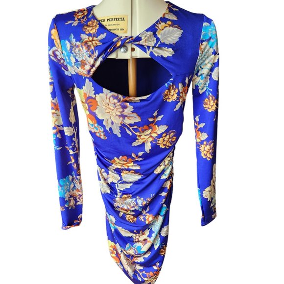 Guess Blue Floral Twisted Keyhole Bodycon Dress - Picture 2 of 6